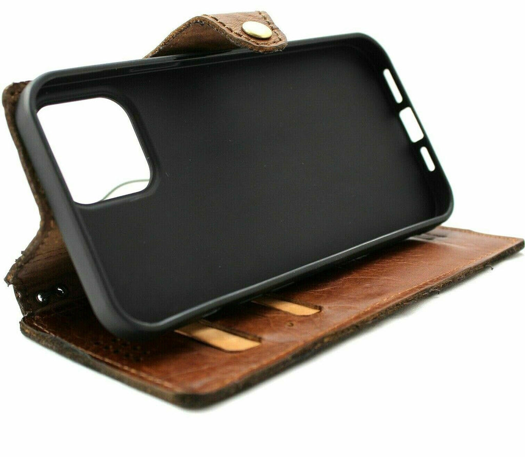 Genuine soft leather iPhone 12 Pro case by DAVISCASE with vintage book wallet style, credit card slots, slim design, full grain leather
