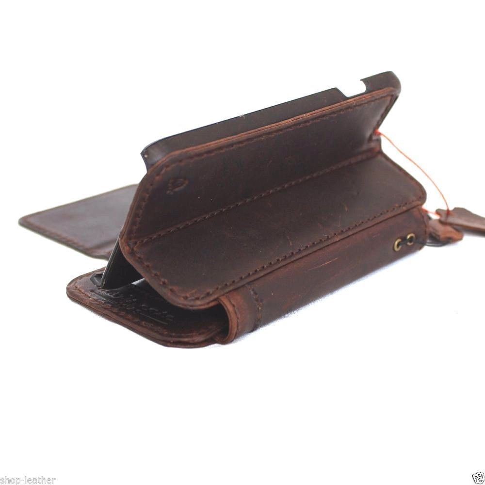 Dark brown genuine leather iPhone SE 2 2020 case by DAVISCASE with wallet card slots and detachable magnetic cover.