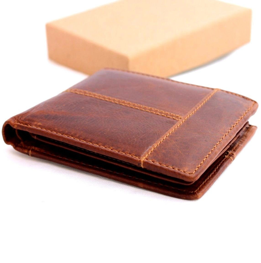 Men's tan leather wallet by DAVISCASE with 8 credit card slots, 1 ID window, and 2 bill sections in a bi-fold design.