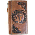 Handmade genuine leather phone case for iPhone 12-16 Pro Max, with embossed Christian cross design in tan style by DAVISCASE.
