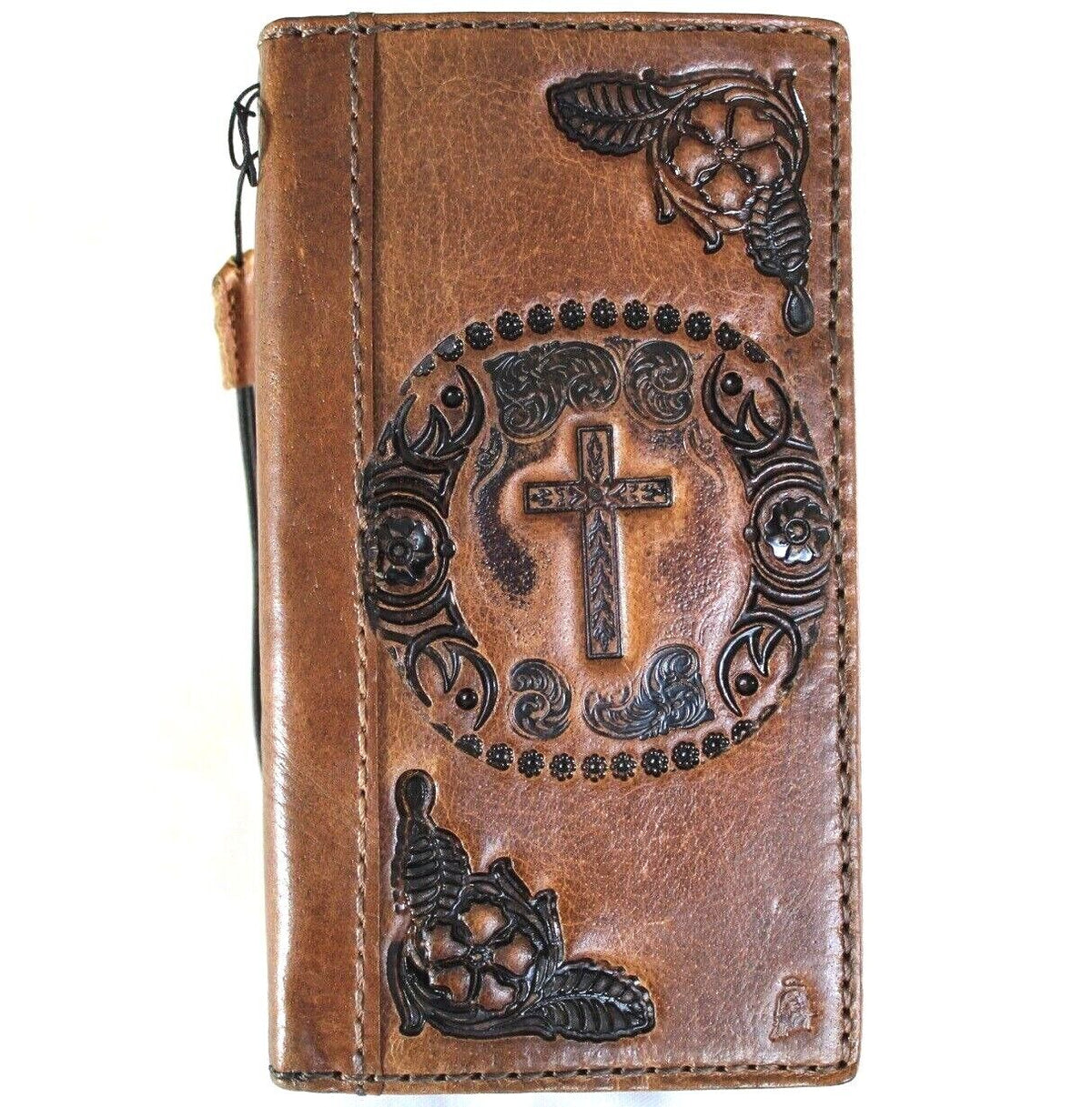 Handmade genuine leather phone case for iPhone 12-16 Pro Max, with embossed Christian cross design in tan style by DAVISCASE.