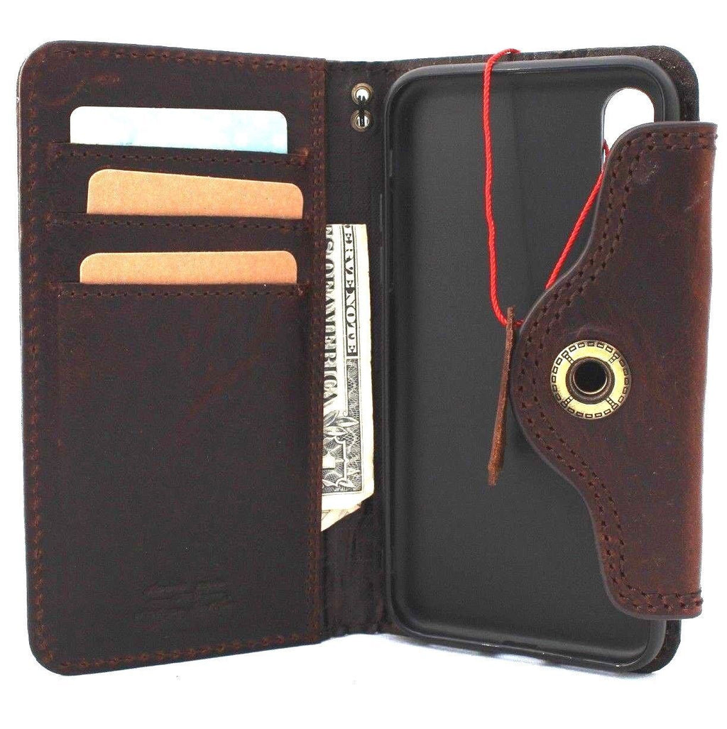 Handmade genuine oiled leather iPhone XS Max wallet case with soft credit card slots and vintage art design.
