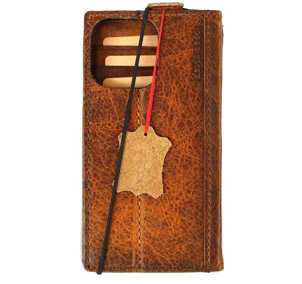 Handmade genuine leather phone case for iPhone 17 to 11 Pro Max by DAVISCASE, vintage tan with credit card slots and art stamping.