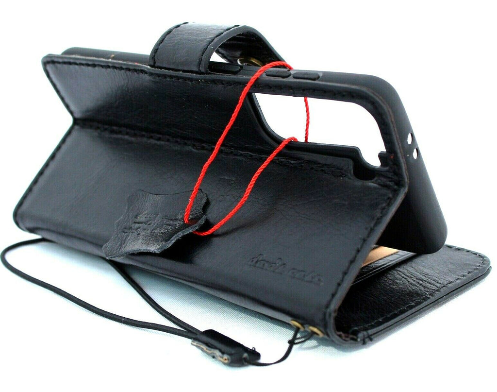 Black genuine Italian leather Samsung Galaxy S21 book wallet case with handmade design, rubber holder, and wireless charging compatibility.