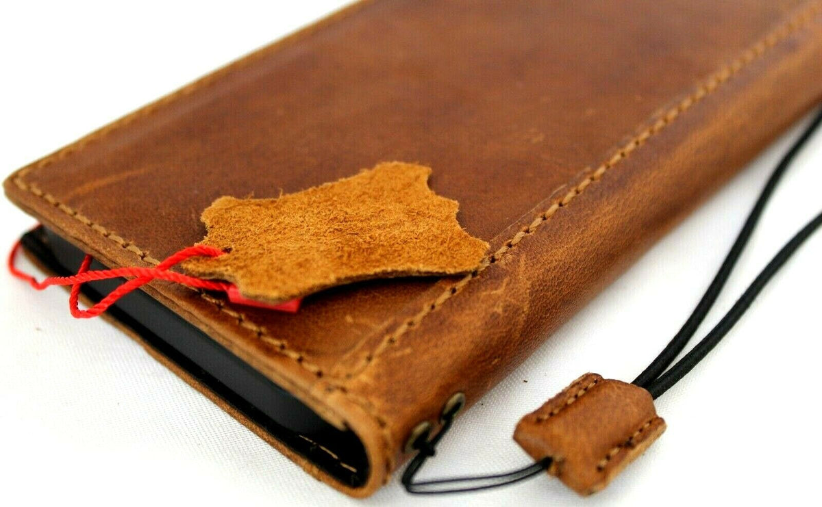 Genuine natural tan leather iPhone 12 case by DAVISCASE with wallet design, ID window, credit card slots, slim soft cover.