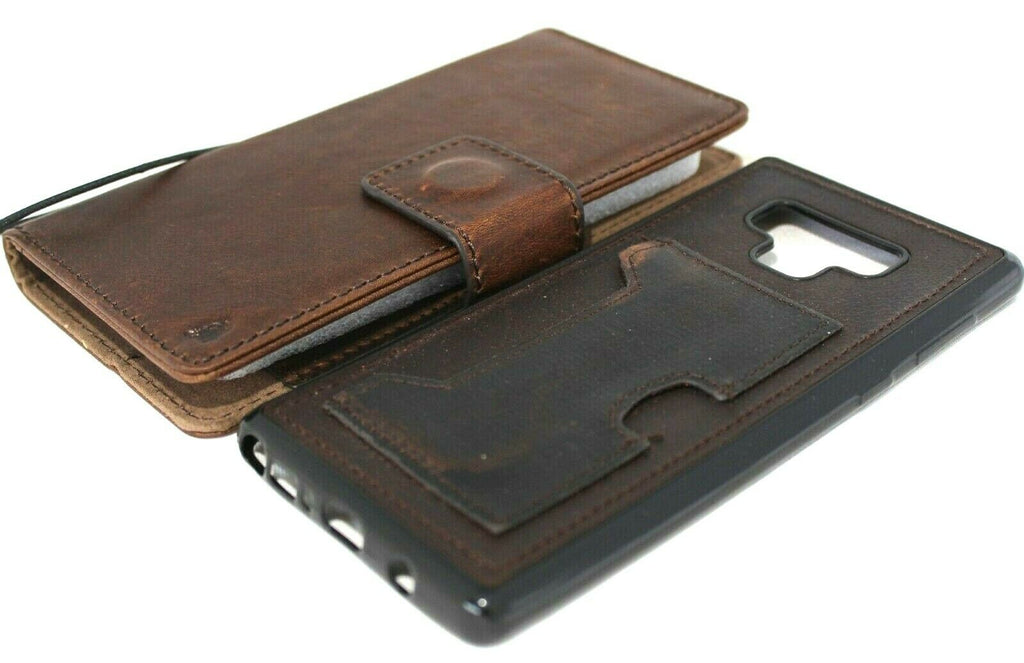Genuine dark vintage leather Samsung Galaxy Note 9 wallet case with multi-card slots, ID window, and soft detachable cover by DAVISCASE.