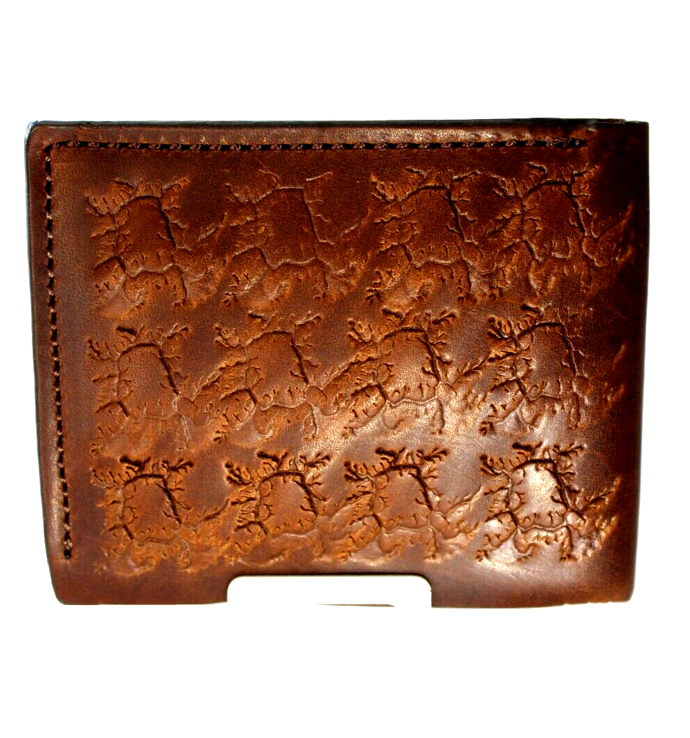 Men's genuine leather wallet by DAVISCASE with credit card slots, bill compartment, carved brown design and textured cracks.