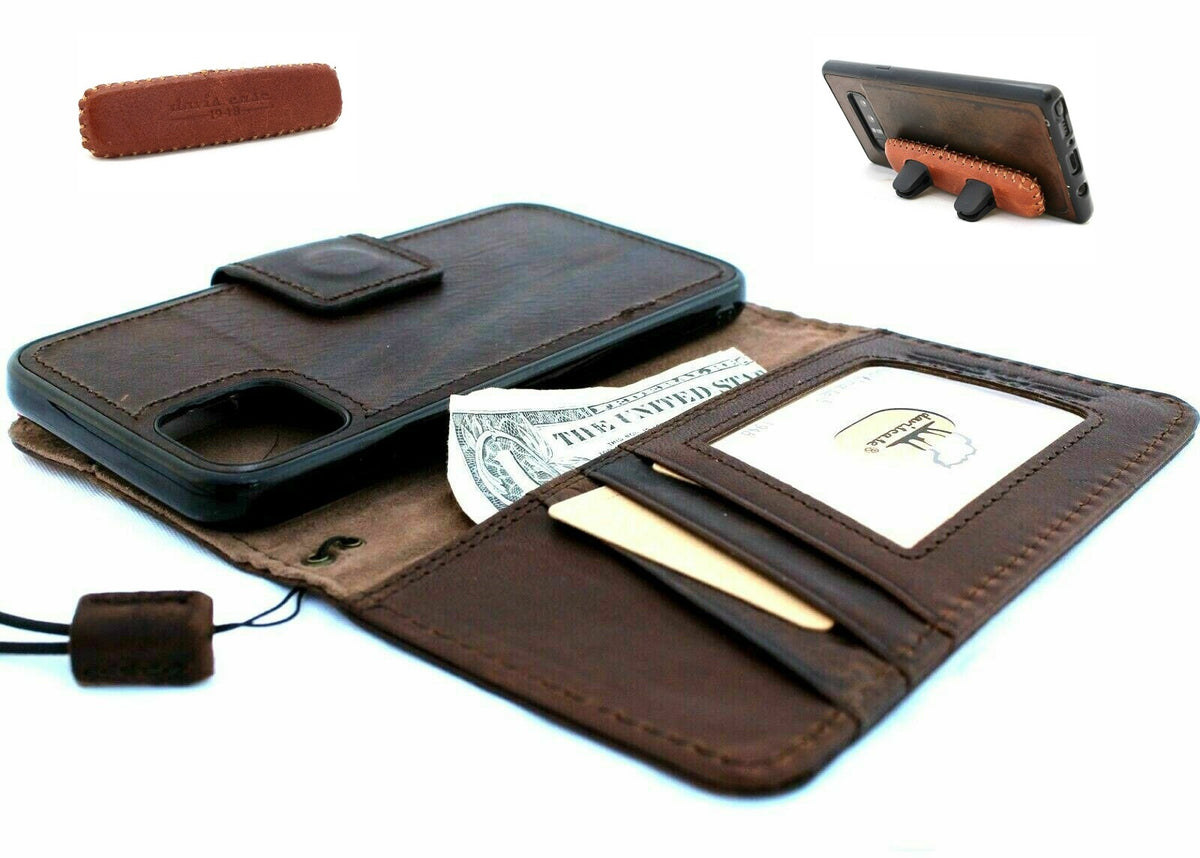 DavisCase genuine full leather wallet phone case for iPhone 11 with card holder, magnetic cover, and removable prime holder.