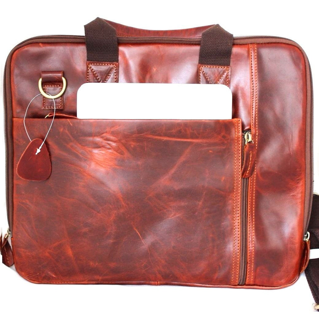 Brown genuine leather men's shoulder bag with a crossbody design, featuring a messenger style for business and laptop use.