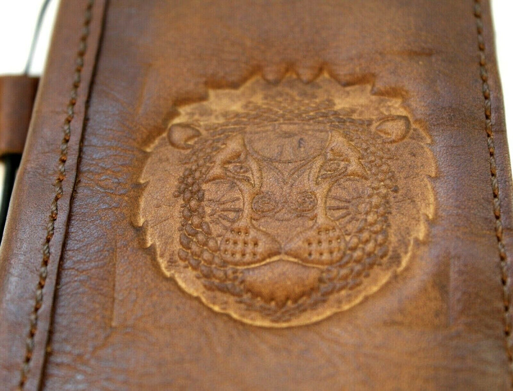Handcrafted genuine leather wallet case for iPhone 11-15 Pro Max, vintage lion design, credit card slots, full grain leather by DAVISCASE