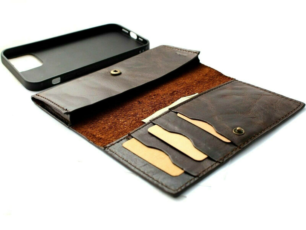 Handmade genuine leather phone case for iPhone 12, 11, 13, 14 Pro with ID window, credit card slots, and removable cover by DAVISCASE.