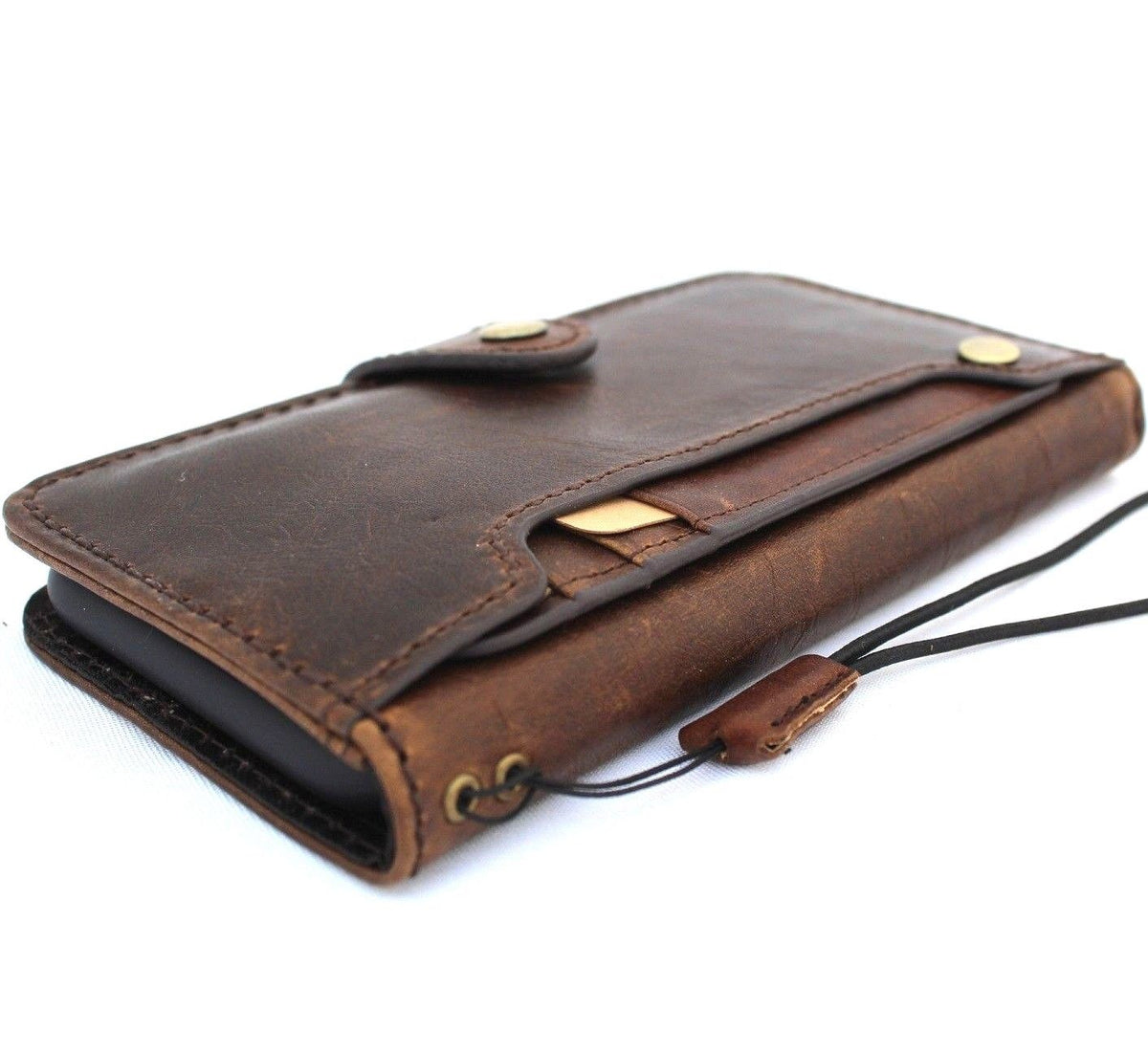 Handmade DAVISCASE genuine leather iPhone XR case with vintage wallet design, credit card slots, and wireless charging compatibility.