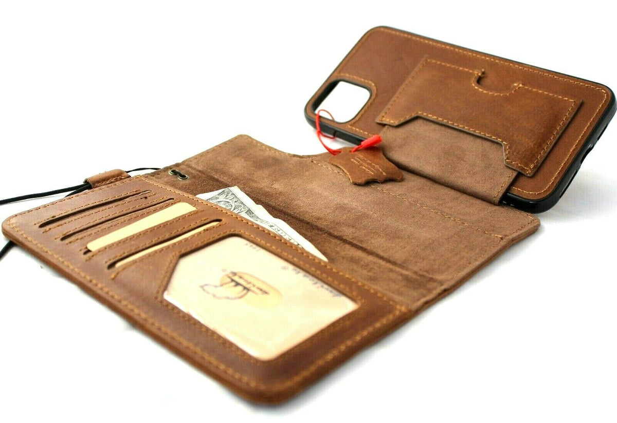 Handmade genuine full-tanned leather case for Apple iPhone 11 Pro Max, with wallet, credit card slots, ID window, and wireless charging support.