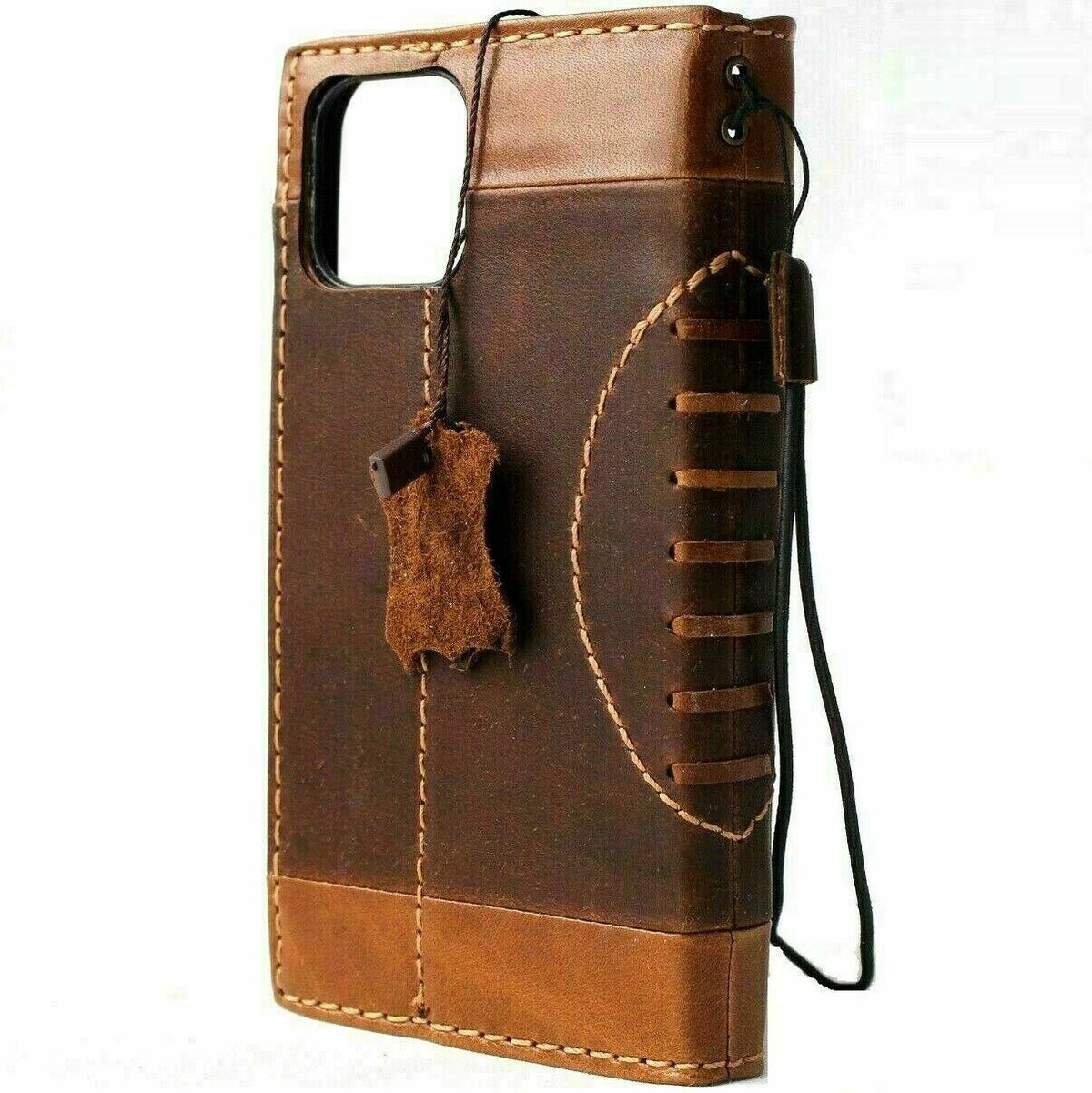 Handcrafted genuine leather wallet case for iPhone 11-15 Pro Max, featuring vintage eagle design, credit card slots, and full grain leather.