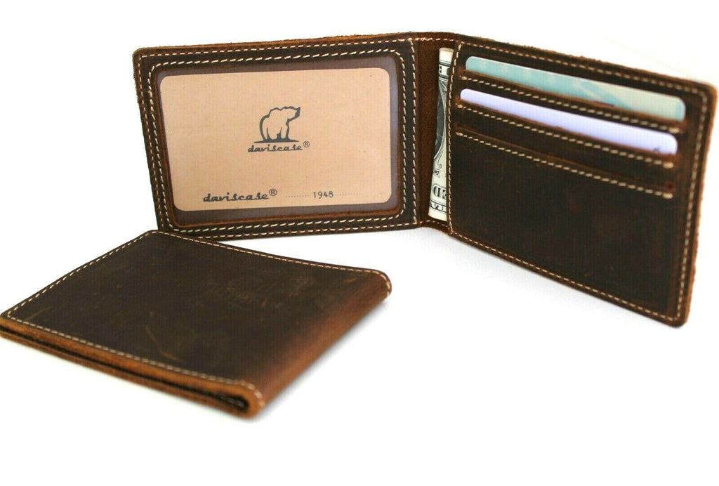 Men's genuine leather wallet by DAVISCASE with multiple credit card slots, slim handmade design, retro oiled finish, and ID window.