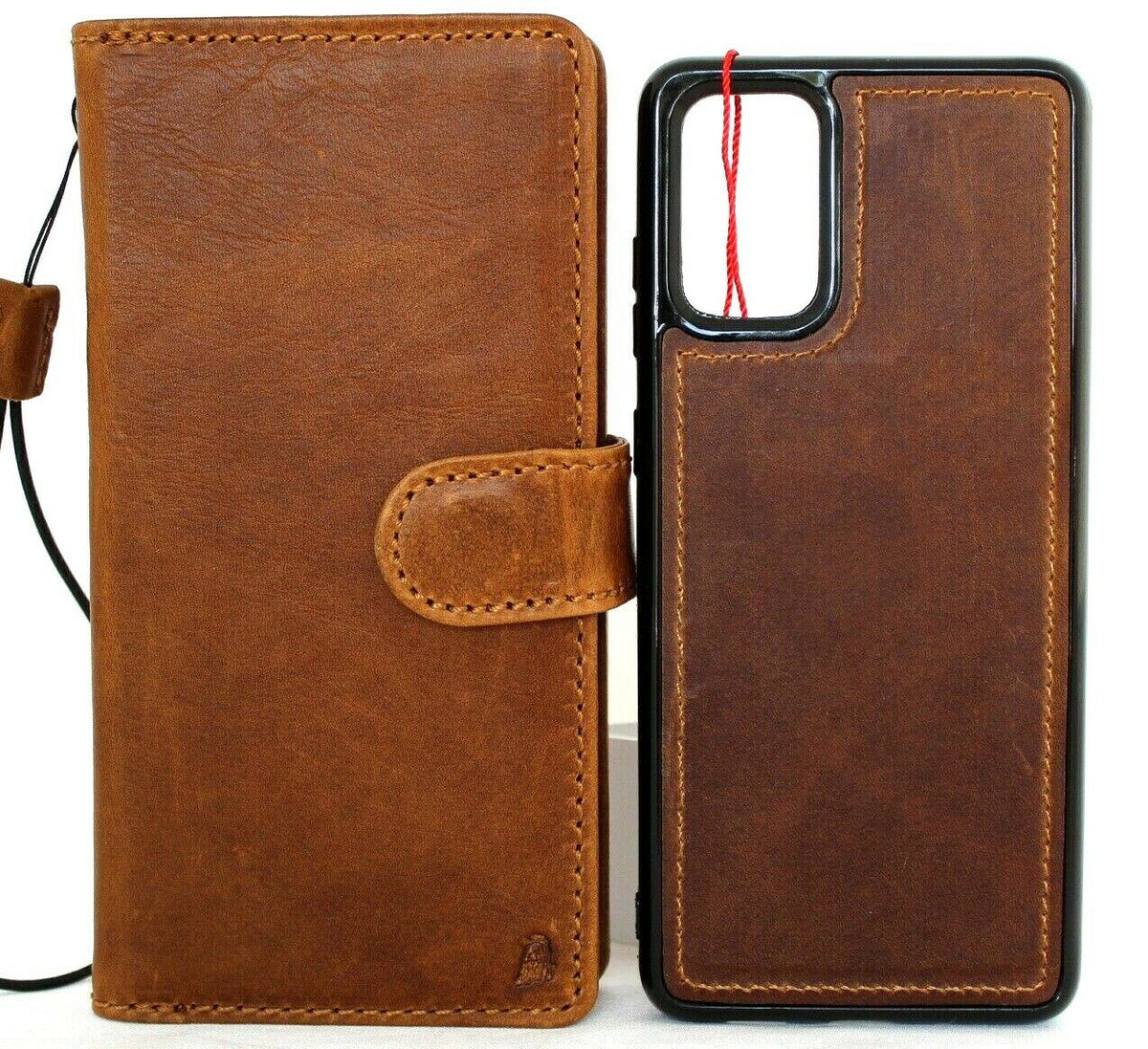 Genuine full leather Samsung Galaxy S20 Plus case by DAVISCASE with wallet design, card slots, magnetic stand, and removable cover.