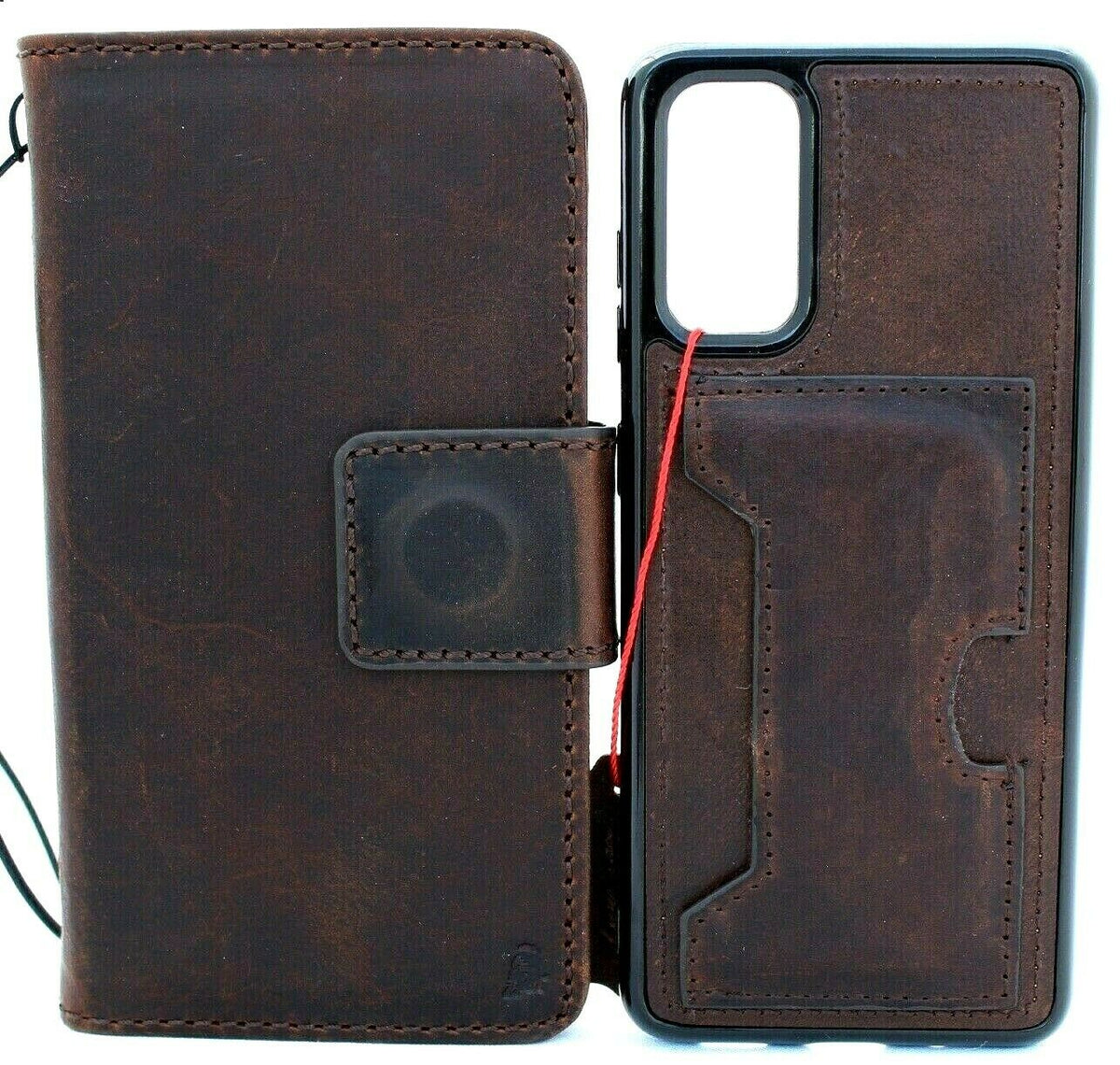 DavisCase genuine full leather book wallet case for Samsung Galaxy S20 with luxury slots, removable holder, and wireless charging compatibility.