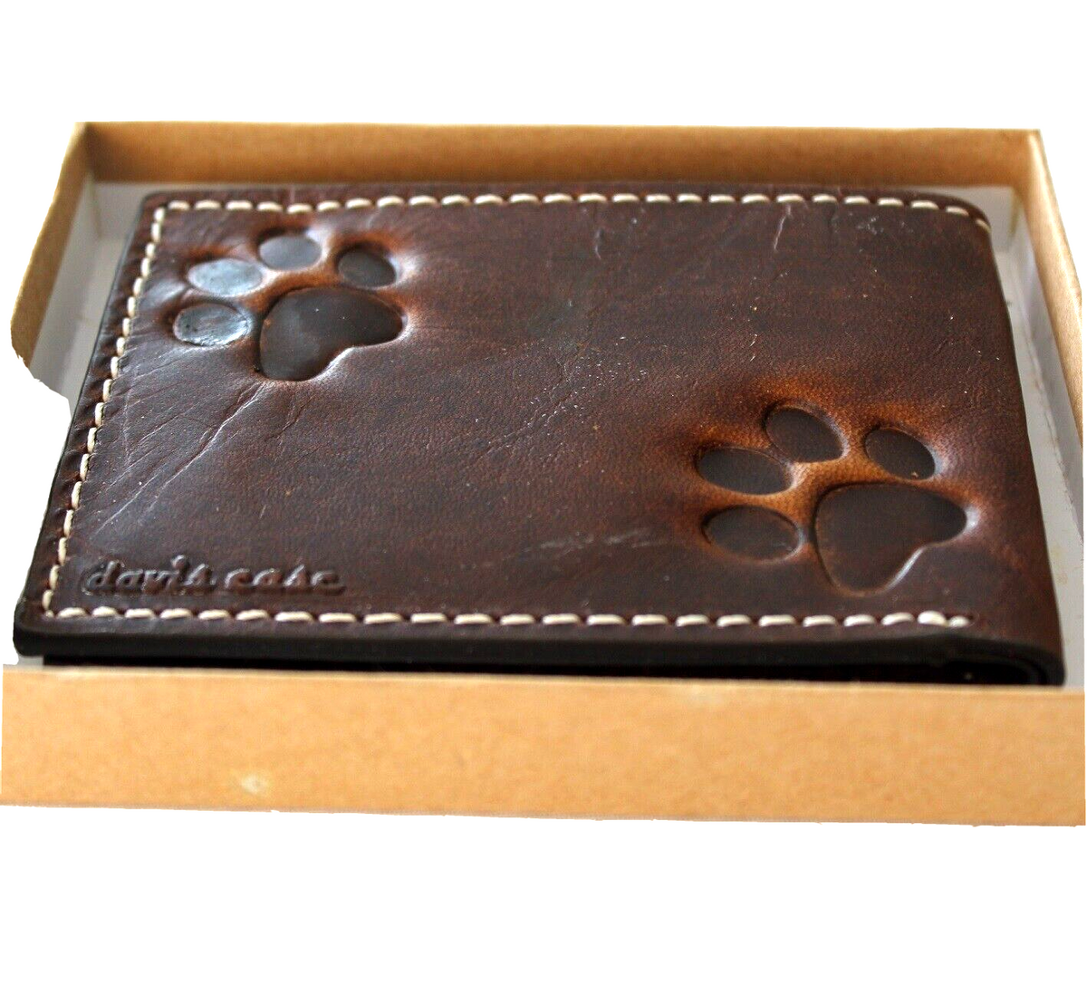 Men's genuine leather wallet by DavisCase, handmade in brown with credit card slots, bill compartment, featuring a dog and cat paw design.