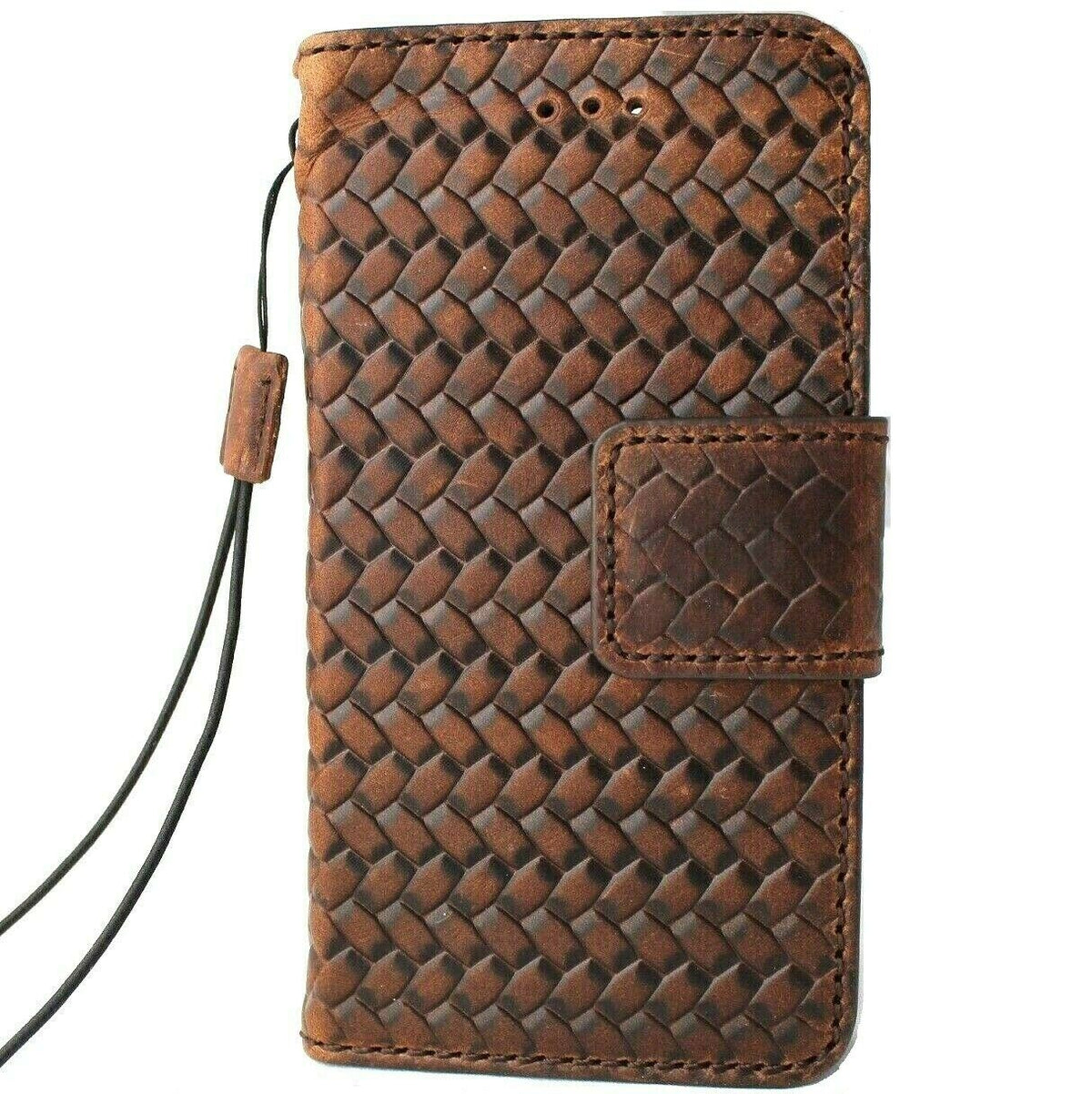 Genuine soft dark leather iPhone 12 Pro case by DAVISCASE with vintage book wallet design, ID window, card slots, and magnetic closure.