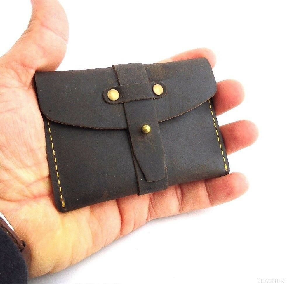 Genuine full leather men's small wallet with ID, credit card slots, and cash pocket in black, compact design.