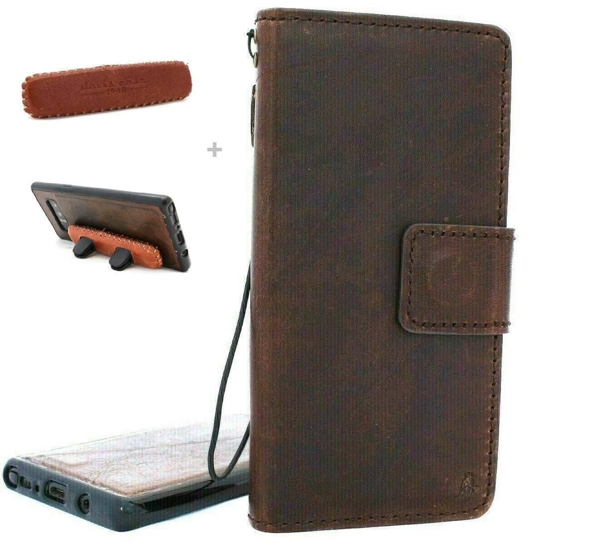 Genuine dark soft leather Samsung Galaxy Note 10 wallet case with ID window, stand feature, magnetic car holder, and removable design.