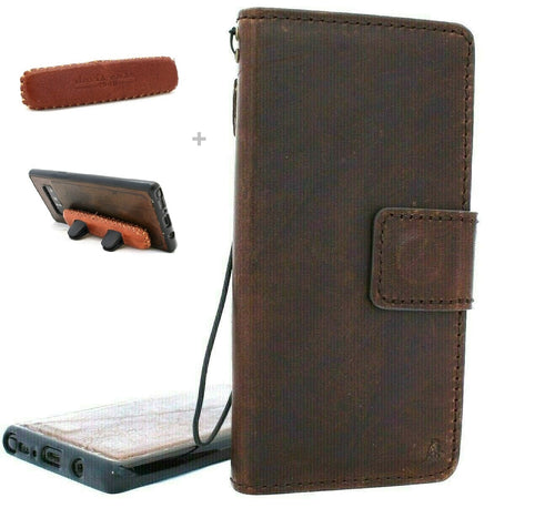 Genuine dark soft leather Samsung Galaxy Note 10 wallet case with ID window, stand feature, magnetic car holder, and removable design.
