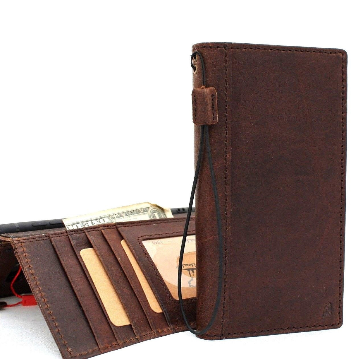 Vintage brown leather Samsung Galaxy Note 9 wallet case with card slots, slim handmade design, and ID holder.