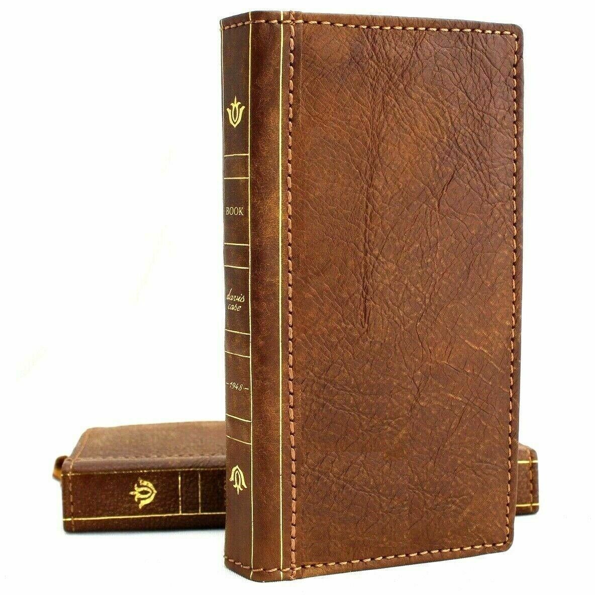 Genuine leather Bible Tan book wallet case for OnePlus 10T by DAVISCASE, with card slots, wireless charging holder, and ID window.