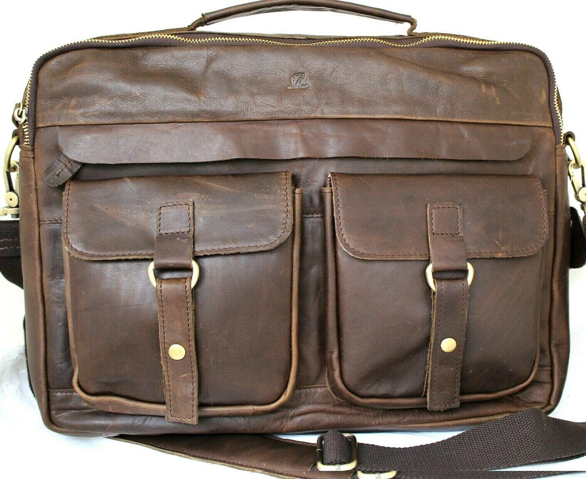Men's genuine soft leather shoulder satchel bag by DAVISCASE, featuring a spacious interior for laptop, MacBook, and tablet storage.