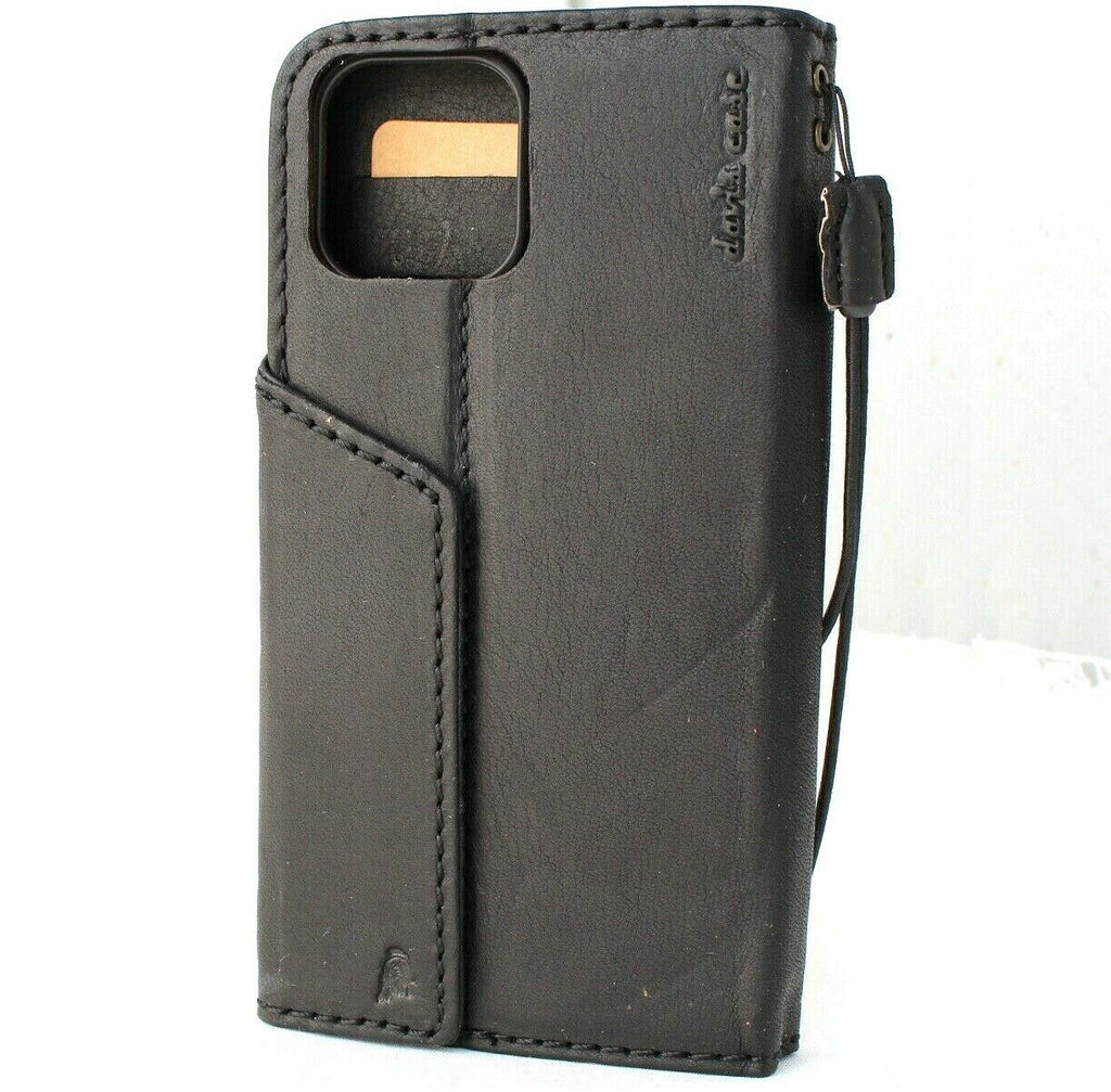 Black genuine leather wallet case for iPhone 13 Pro Max with credit card slots, handmade by DAVISCASE, soft full grain cover.