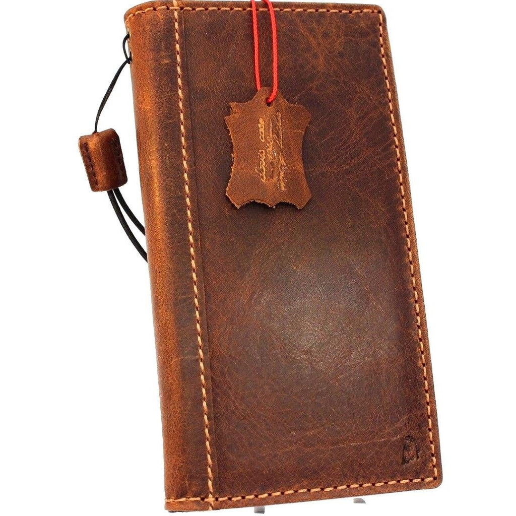 Vintage tan leather Samsung Galaxy S9 Plus case with wallet design, elastic strap, card slots, handmade by DAVISCASE