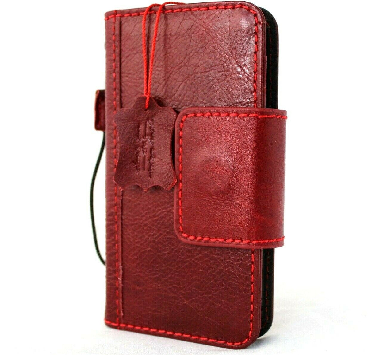Genuine red leather wallet case for Apple iPhone 12 Mini, handmade by DAVISCASE with vintage design and soft magnetic closure.