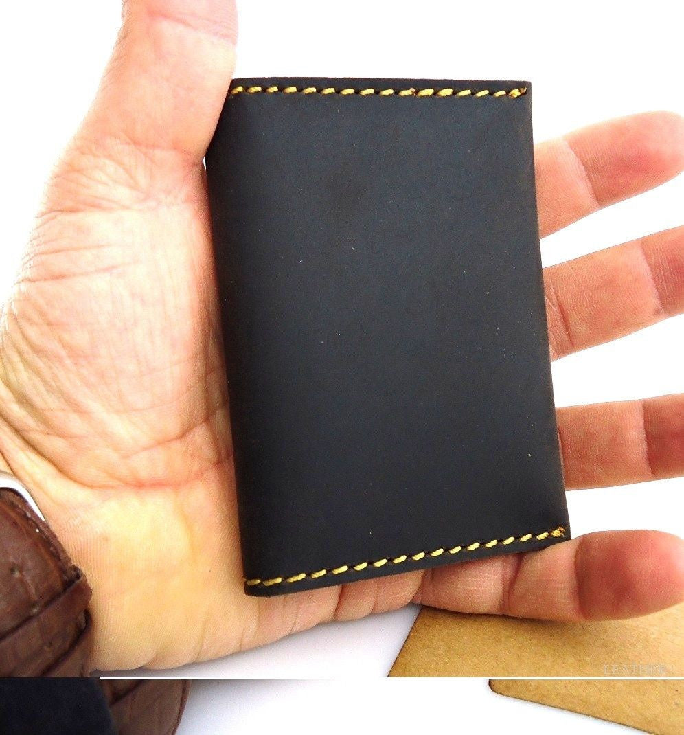 Men's brown full leather bifold card case with 4 card slots and 2 slip pockets, compact slim wallet for back pocket use.