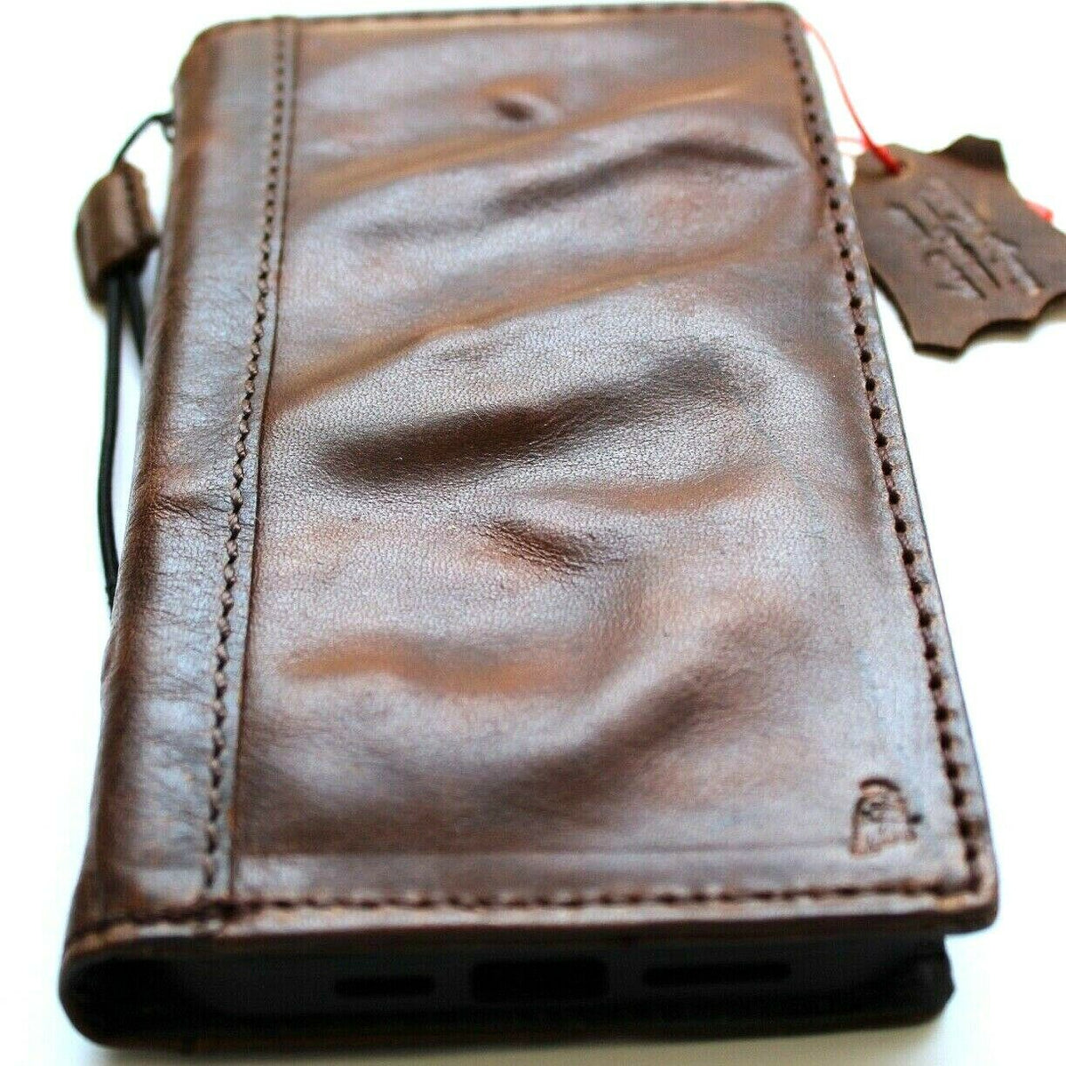 DavisCase handmade leather phone case for iPhone and Galaxy models, vintage-style wallet book cover with mini wallet feature.