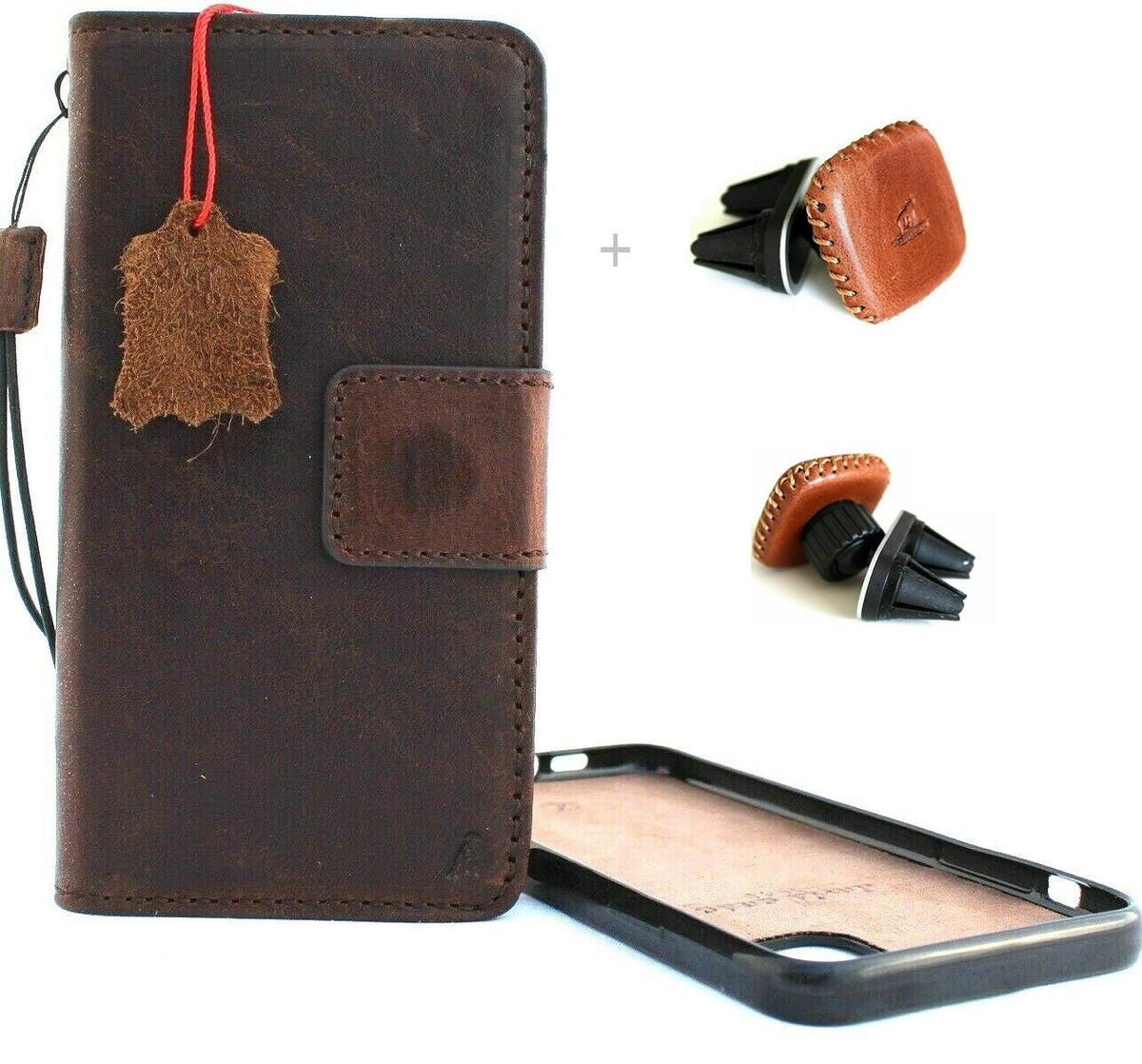 Handmade genuine leather iPhone 11 wallet case with magnetic detachable holder and built-in credit card slots, by DAVISCASE.