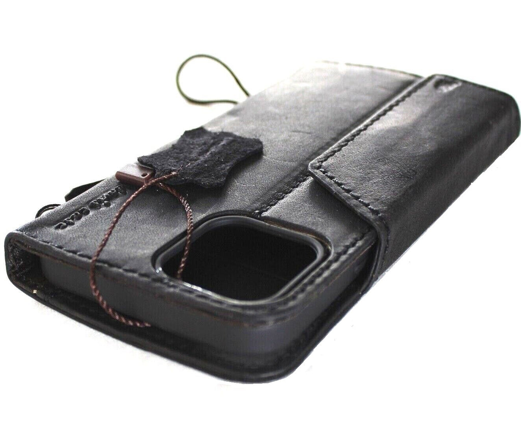 Handmade genuine leather wallet case for iPhone 11-15 Pro Max, vintage style with ID window and credit card slots by DAVISCASE.