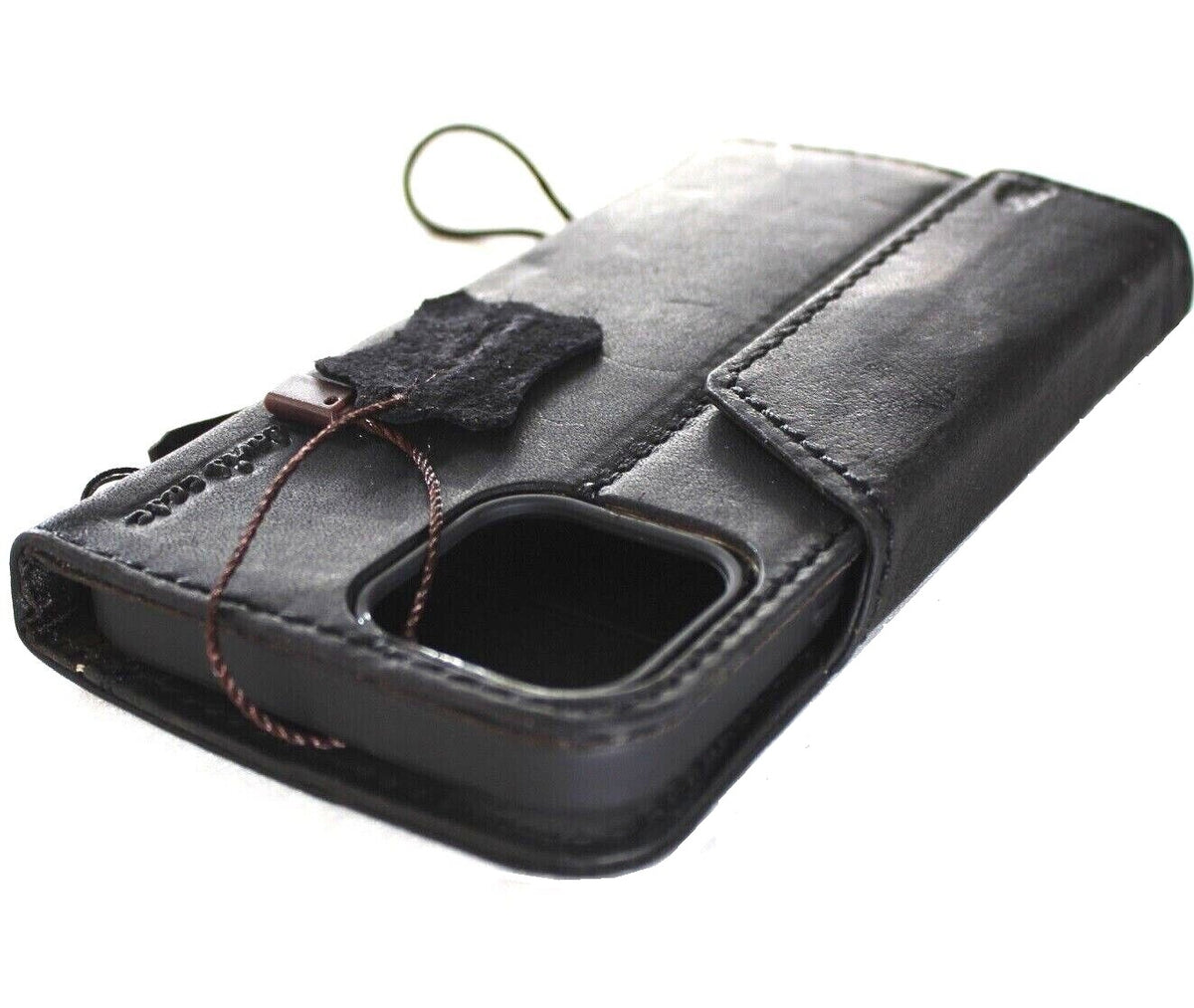 Handmade genuine leather wallet case for iPhone 11-15 Pro Max, vintage style with ID window and credit card slots by DAVISCASE.