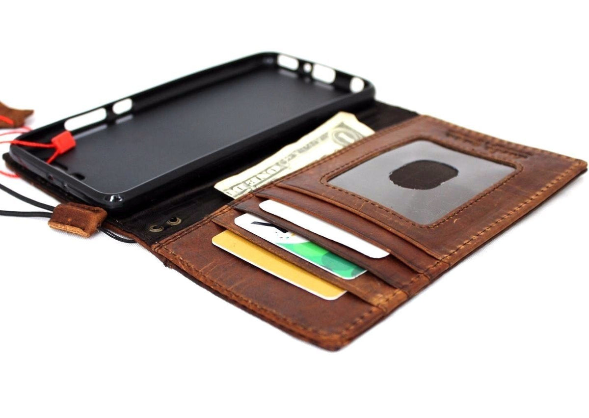 Handmade genuine leather wallet case for Huawei P10 Plus with card slots, in retro brown leather, handcrafted phone cover.