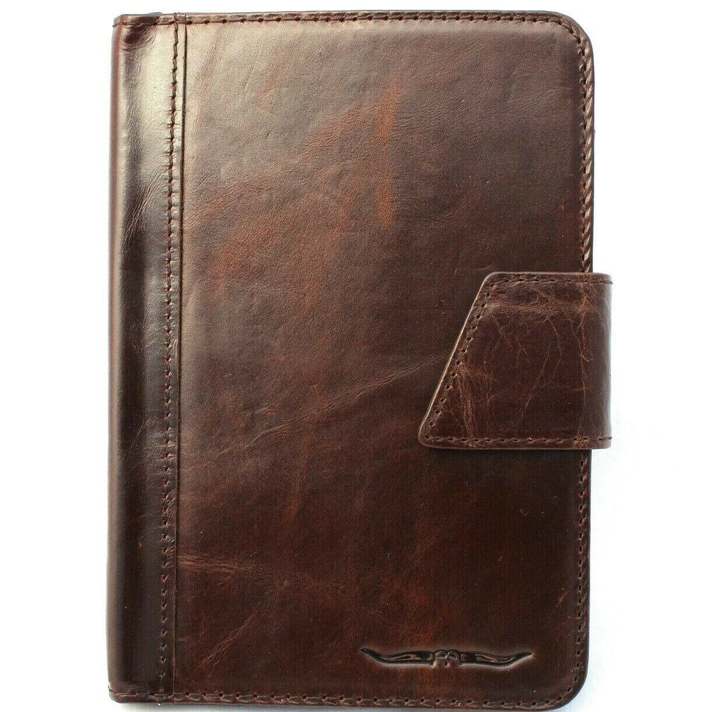 Handmade genuine leather iPad Mini 6 case with card slots, rubber accents, in black, designed by DAVISCASE for model A2568.