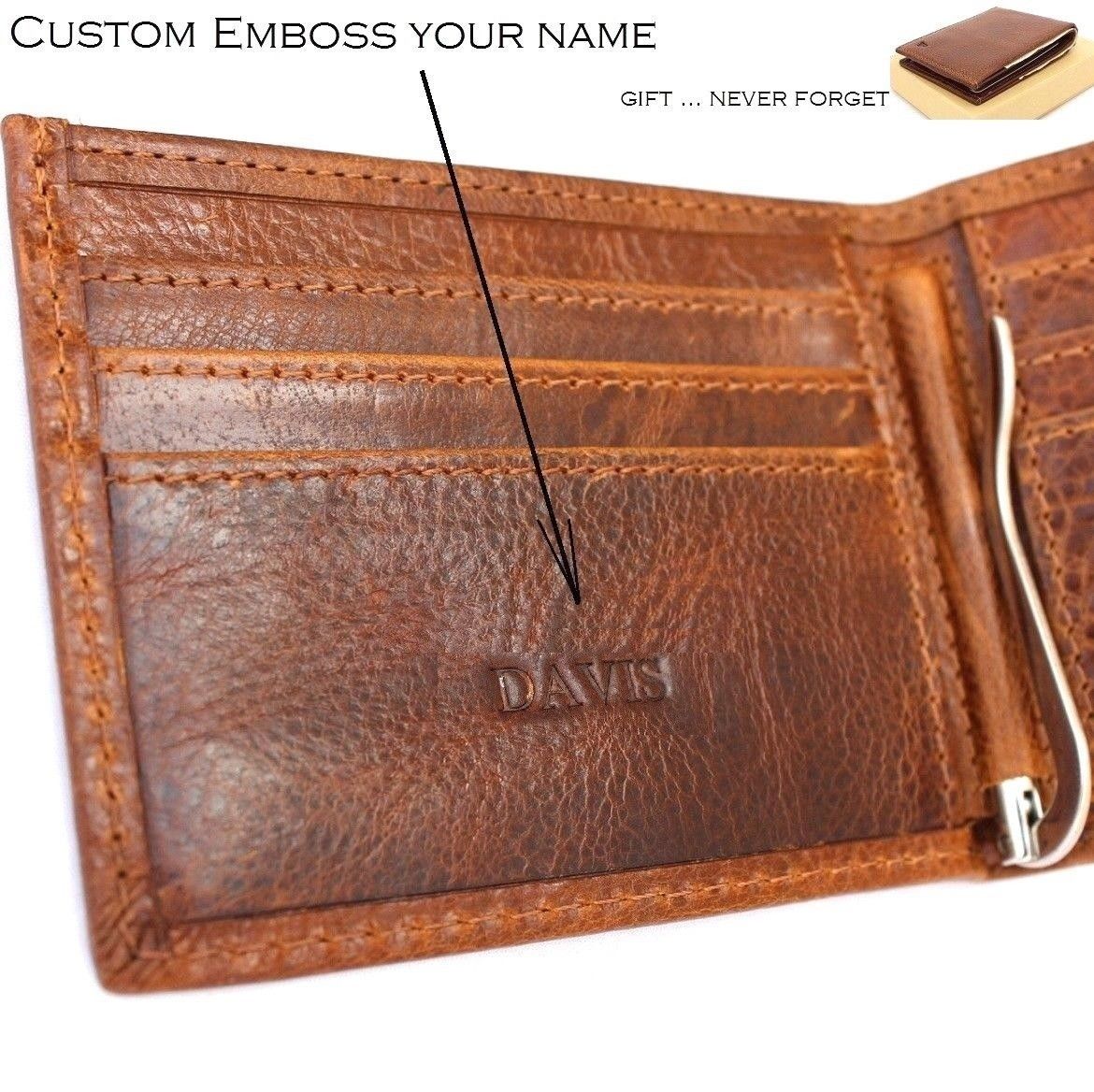 Handmade genuine leather men's wallet with custom embossed name and credit card slots, featuring a slim, personalized design.