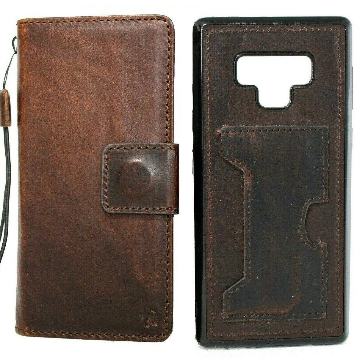 Genuine dark vintage leather Samsung Galaxy Note 9 wallet case with card slots, ID window, and soft detachable cover by DAVISCASE