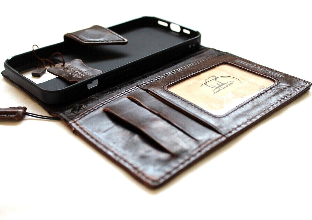 Handcrafted genuine leather wallet case for iPhone 11-15 Pro Max, with credit card slots, vintage design, and tiger stamping.