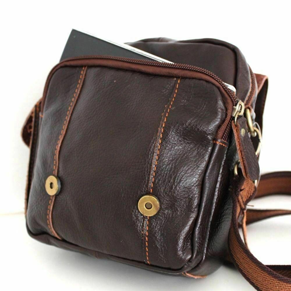 Men's brown genuine full grain leather waist pouch with vintage style, crossbody design and canvas belt from Daviscase.