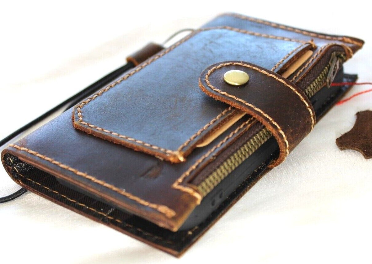DAVISCASE genuine leather wallet phone case for iPhone 11-15 Pro Max with ID window credit card slots, vintage retro style, zipper closure
