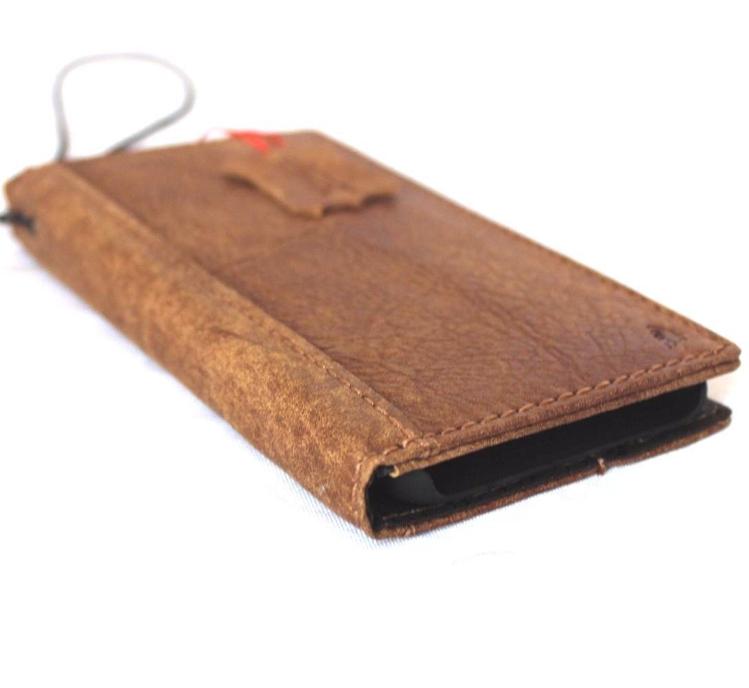 Genuine bright brown soft leather iPhone SE 2 case with wallet compartments, slim design, and soft cover for wireless charging.