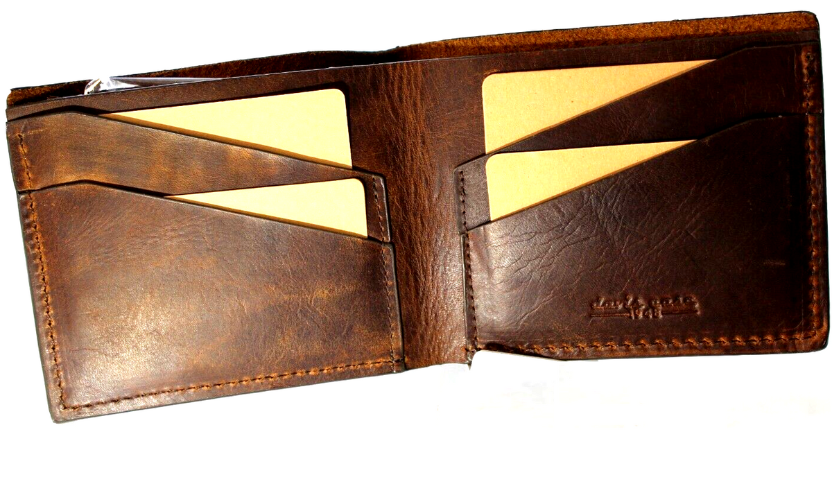 Men's genuine brown leather wallet with carved design, credit card slots, and bill compartment from DAVISCASE.