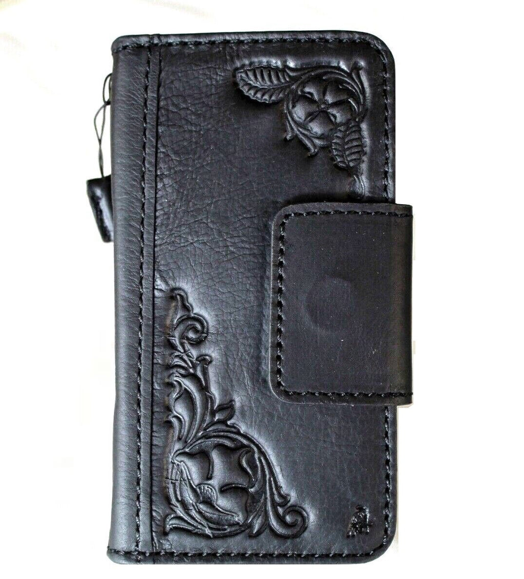 Handmade genuine leather phone case by DAVISCASE for iPhone 11-15 Pro Max, with ID window, credit card slots, vintage style, full grain black leather.