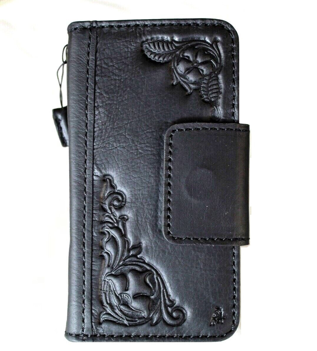 Handmade genuine leather phone case by DAVISCASE for iPhone 11-15 Pro Max, with ID window, credit card slots, vintage style, full grain black leather.
