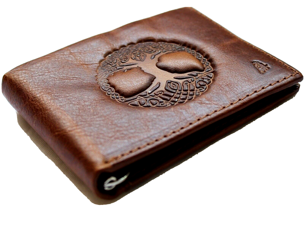 Men's genuine tan leather wallet by DAVISCASE with credit card slots, bill compartment, and Tree of Life design.