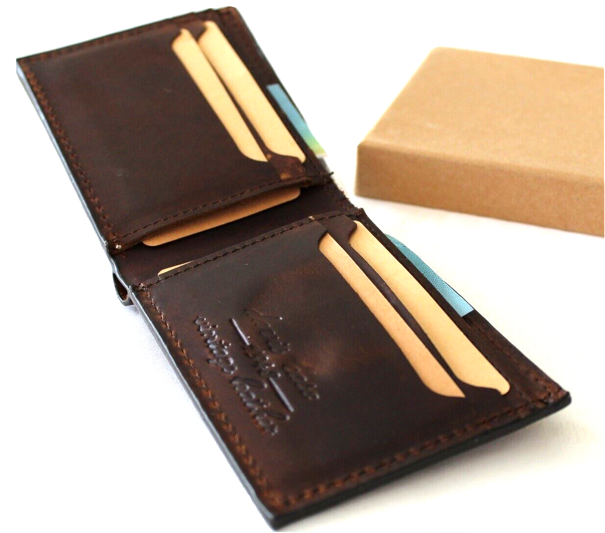 Men's genuine brown leather wallet with credit card slots, bill compartment, handcrafted by DAVISCASE, featuring lion and tiger design.
